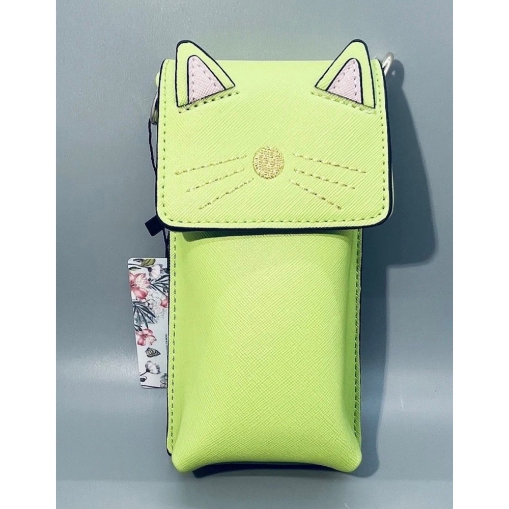 Brentano Neon Green Cat Face Cell Phone Crossbody Bag Vegan Leather NIB